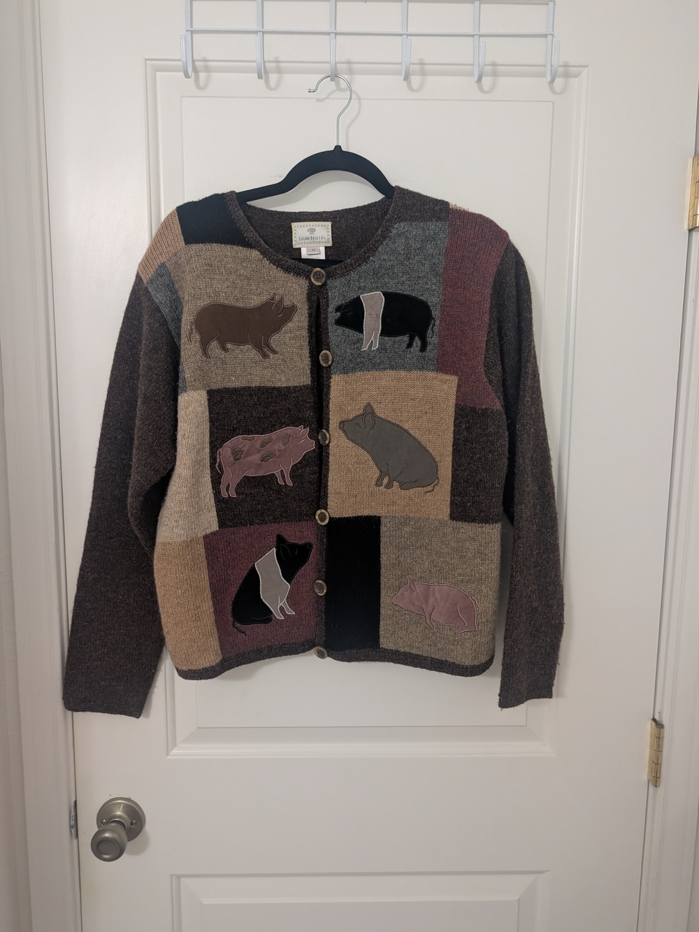 Susan Bristol Vintage 1998 Wool Pig Patchwork Cardigan Sweater Medium